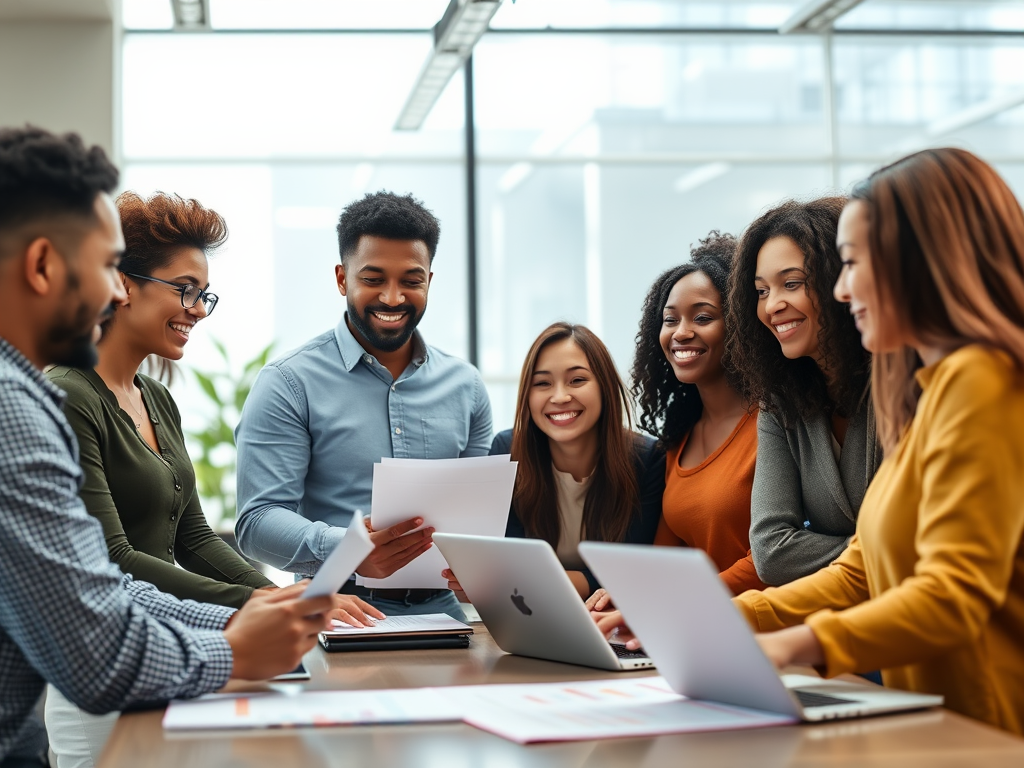 Een diverse groep ondernemers die ideeën deelt in een kantoor.