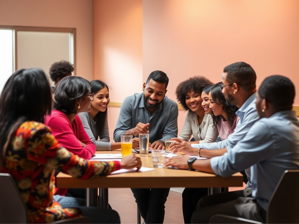 Een diverse groep mensen die samenwerkt aan een tafel.