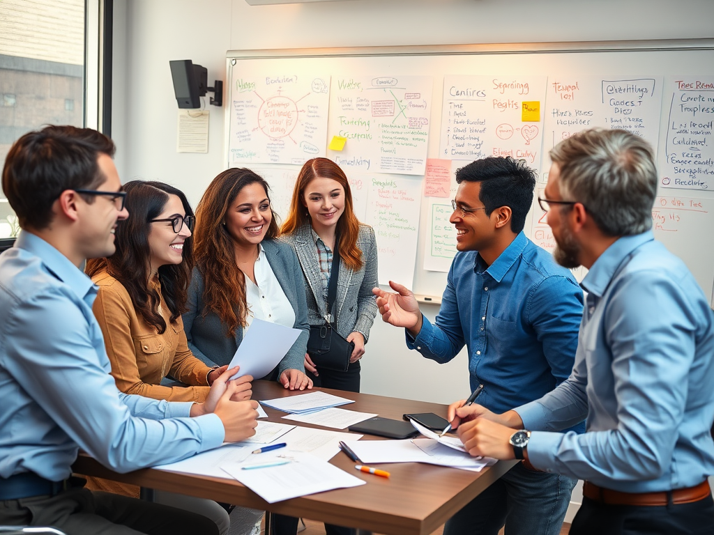 Een diverse groep professionals in een levendig gesprek.