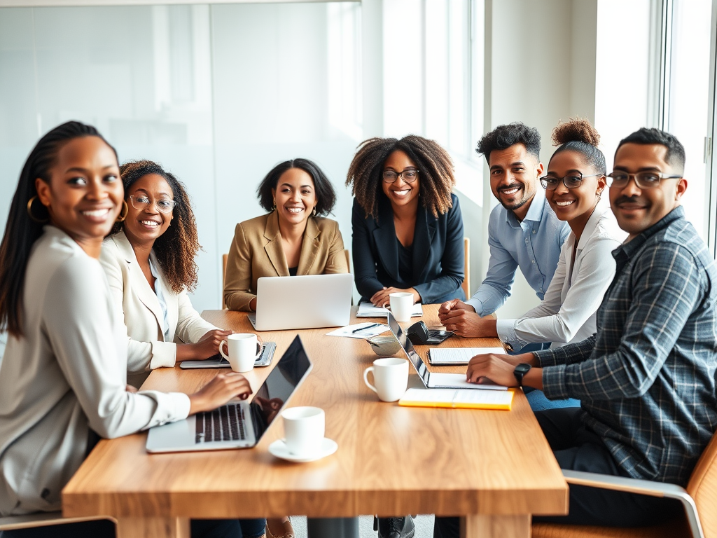 A diverse group of professionals "collaborating around a conference table" with "laptops, notebooks, and coffee cups," displaying "engaged expressions" in a modern bright office.