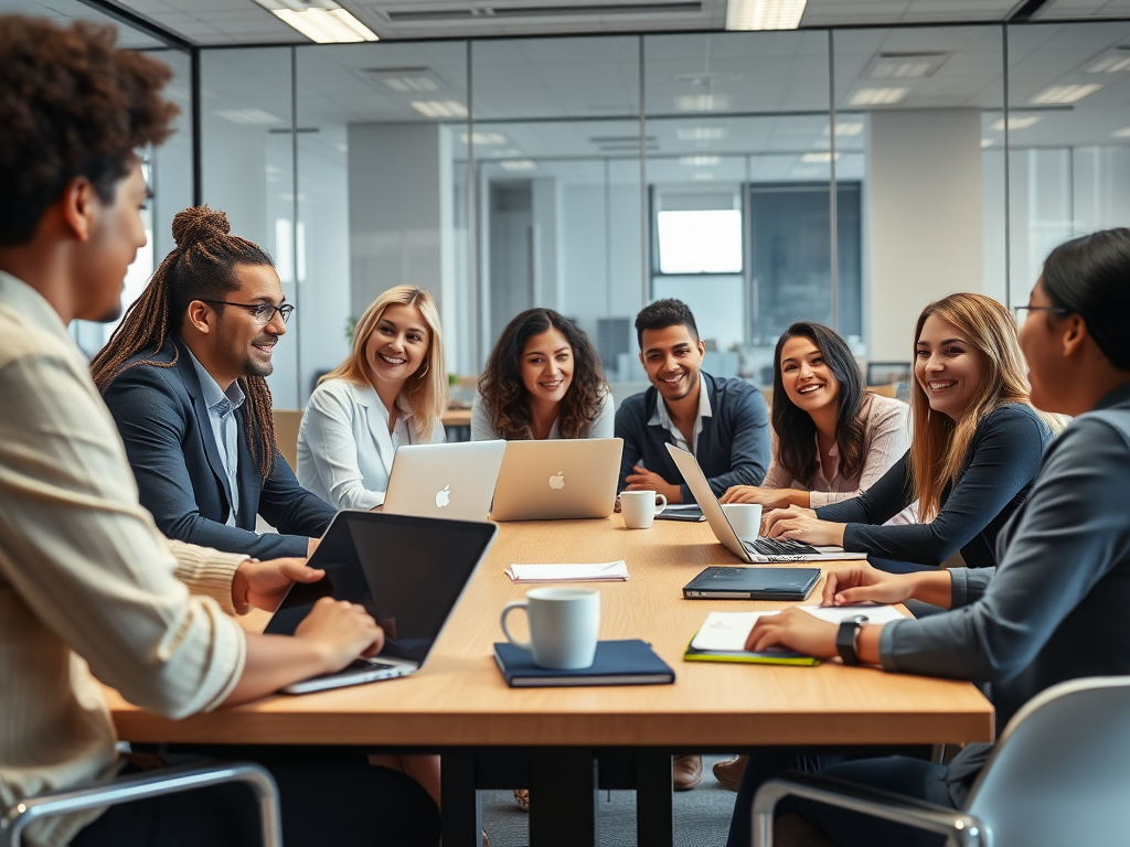 A diverse group of professionals "collaborating around a conference table" with "laptops, notebooks, and coffee cups," displaying "engaged expressions" in a modern bright office.