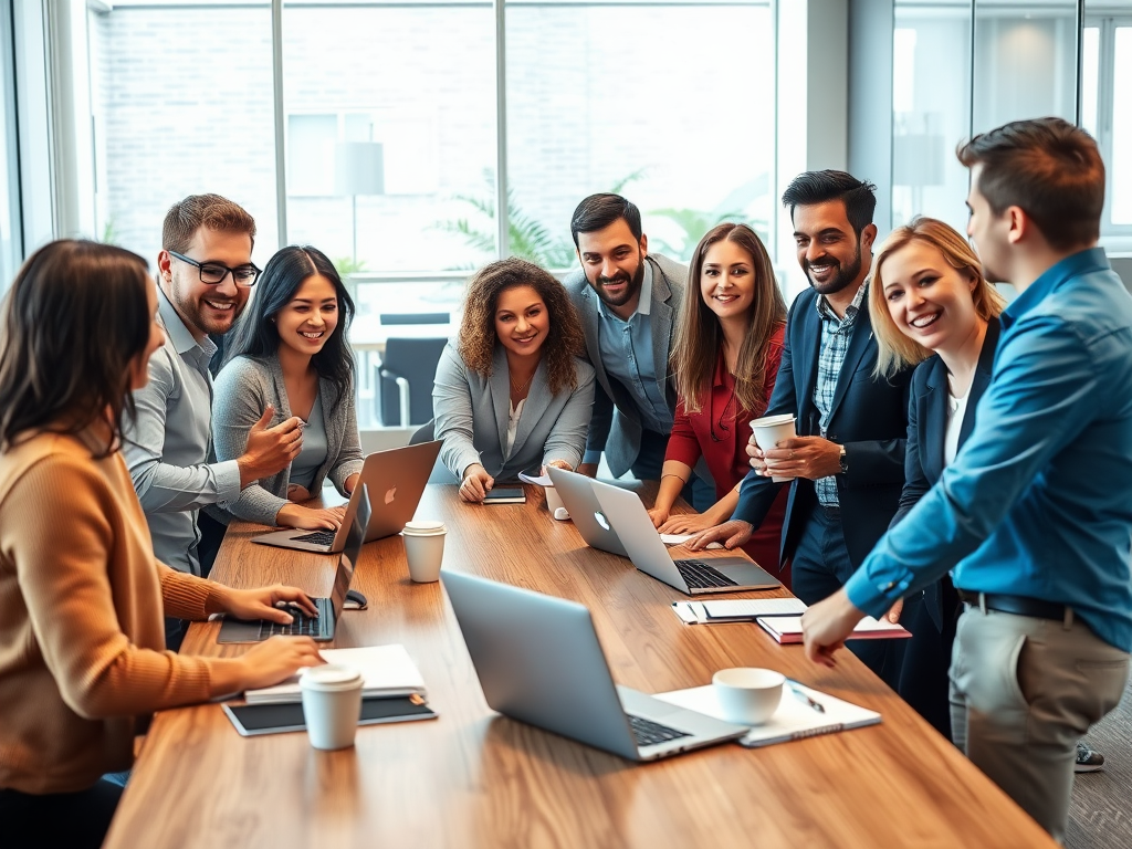 A diverse group of professionals "collaborating around a conference table" with "laptops, notebooks, and coffee cups," displaying "engaged expressions" in a modern bright office.