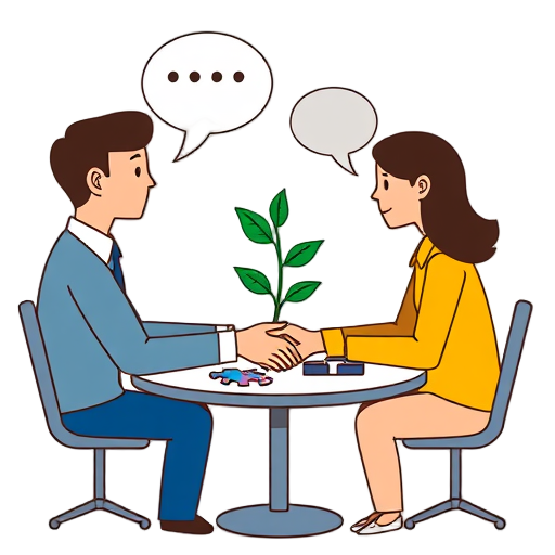 "three people" "handshake connection" "speech bubbles" "growing plant" "team circle" "meeting table" "puzzle pieces"