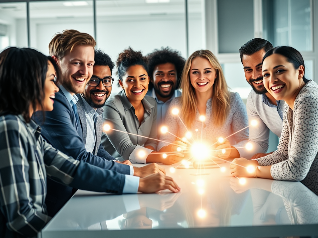 "diverse team" "collaborating around a bright table" "glowing connection lines between them" "expressive faces showing understanding and energy" "modern office background"