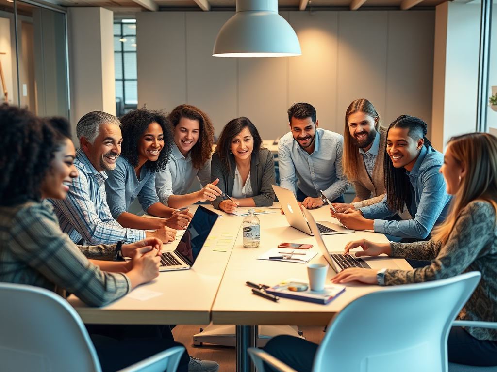 A diverse team collaborating around a bright table, "expressive faces," "open laptops," "sticky notes," warm lighting, "dynamic body language," modern office background.