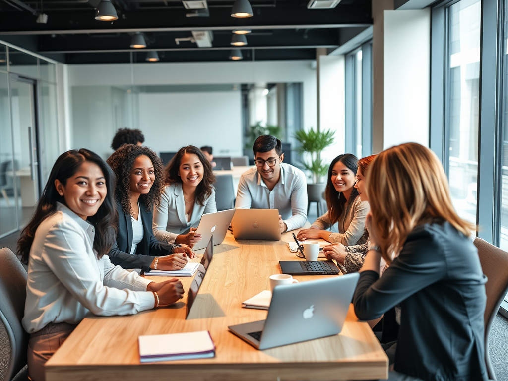 A diverse group of professionals "collaborating around a conference table" with "laptops, notebooks, and coffee cups," displaying "engaged expressions" in a modern bright office.