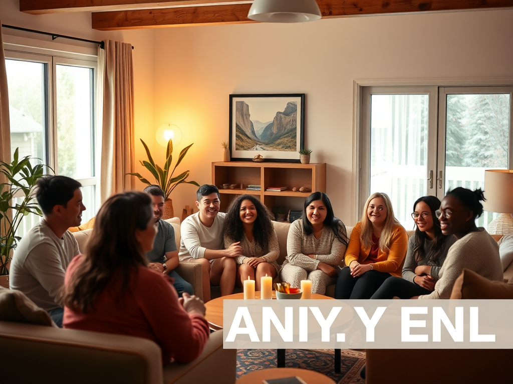 A serene, supportive community gathering in a cozy, modern living room, warm lighting, diverse people sharing encouragement, calm faces, motivational atmosphere.