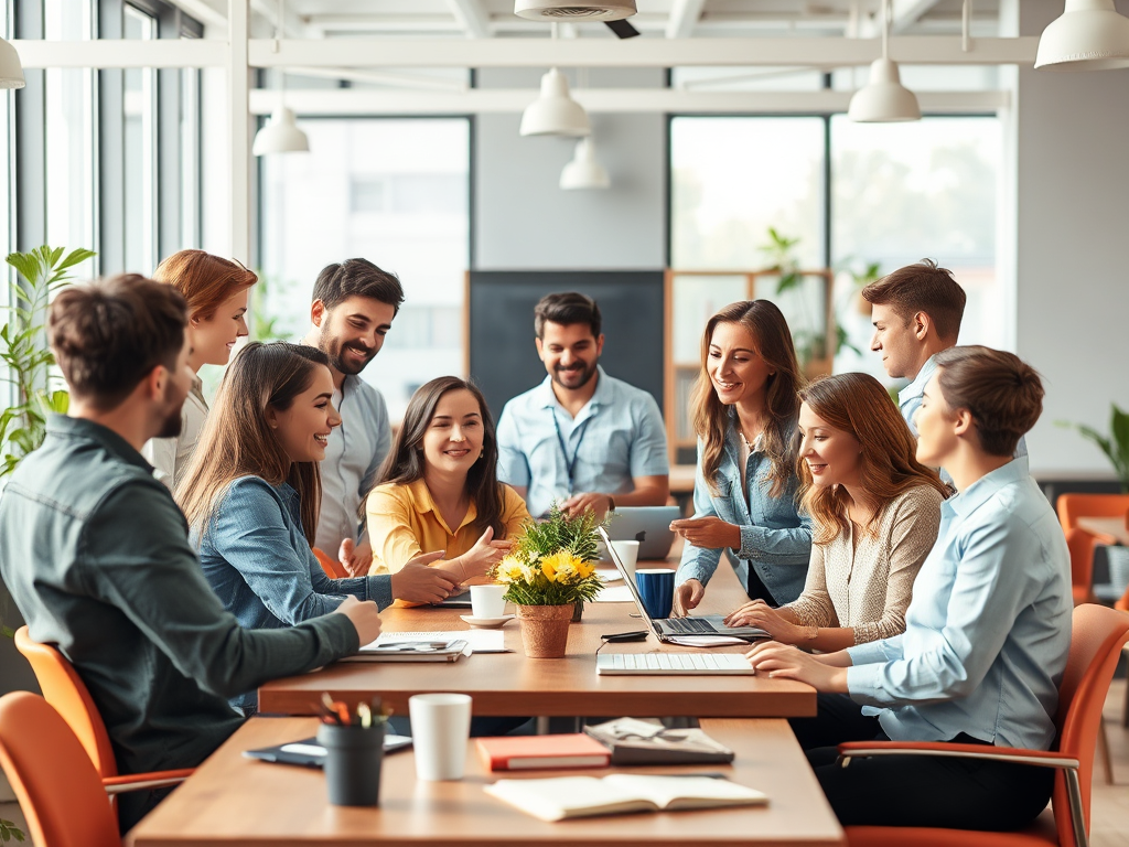 A warm, inviting community setting with diverse professionals sharing ideas, exchanging tools, and supporting each other in a bright, modern workspace.