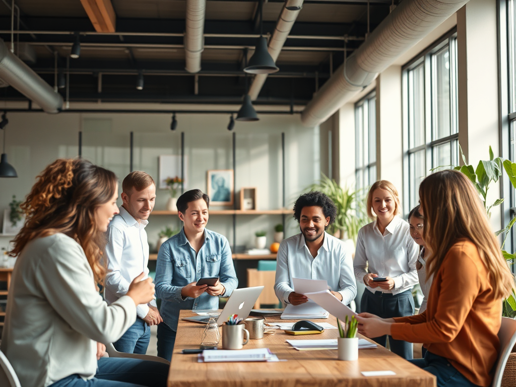 A warm, inviting community setting with diverse professionals sharing ideas, exchanging tools, and supporting each other in a bright, modern workspace.