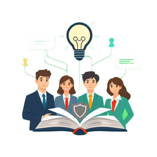 "group of professionals" "network connection" "open book" "light bulb" "shield" "speech bubbles" "green background"