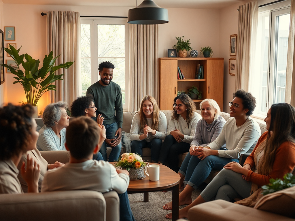 A serene, supportive community gathering in a cozy, modern living room, warm lighting, diverse people sharing encouragement, calm faces, motivational atmosphere.