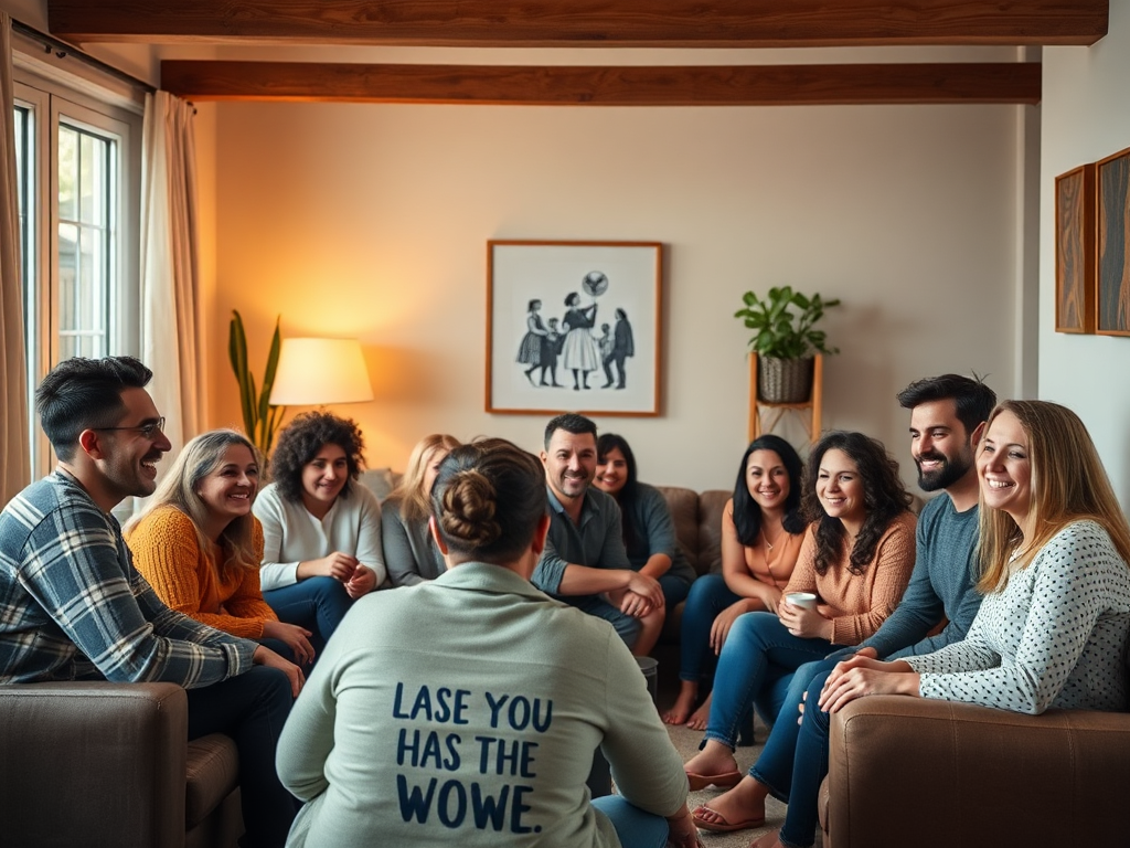 A serene, supportive community gathering in a cozy, modern living room, warm lighting, diverse people sharing encouragement, calm faces, motivational atmosphere.