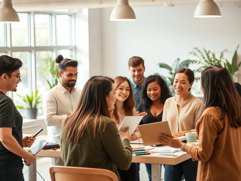 A warm, inviting community setting with diverse professionals sharing ideas, exchanging tools, and supporting each other in a bright, modern workspace.