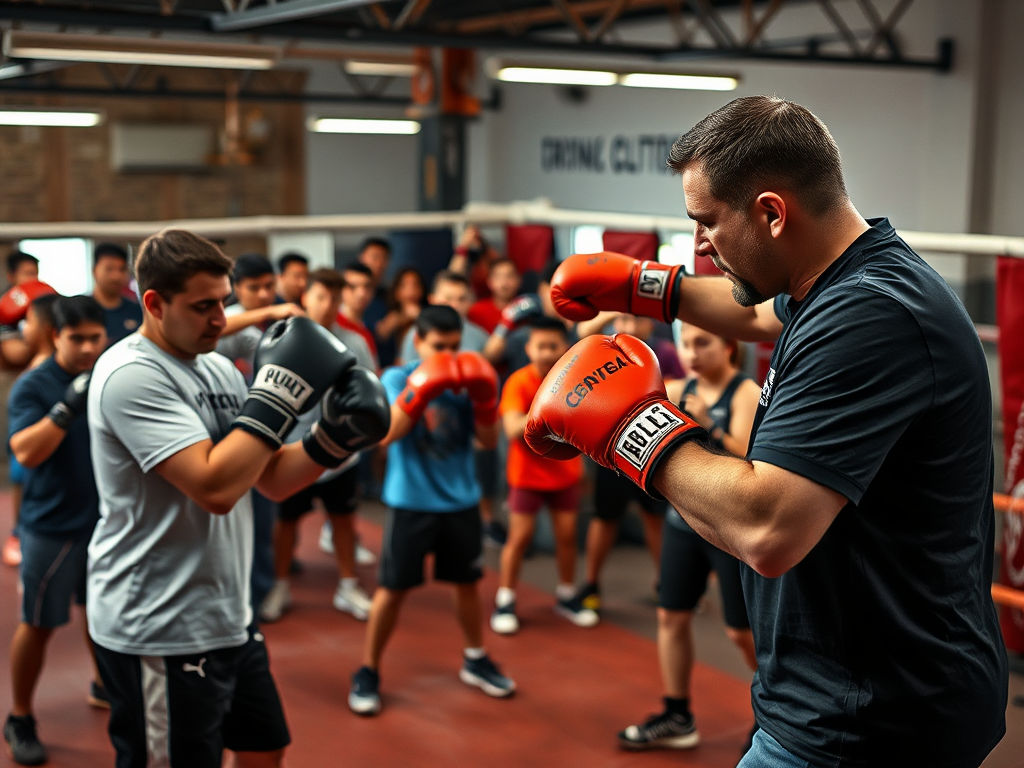 Een boksgym met enthousiaste trainees en een trainer.