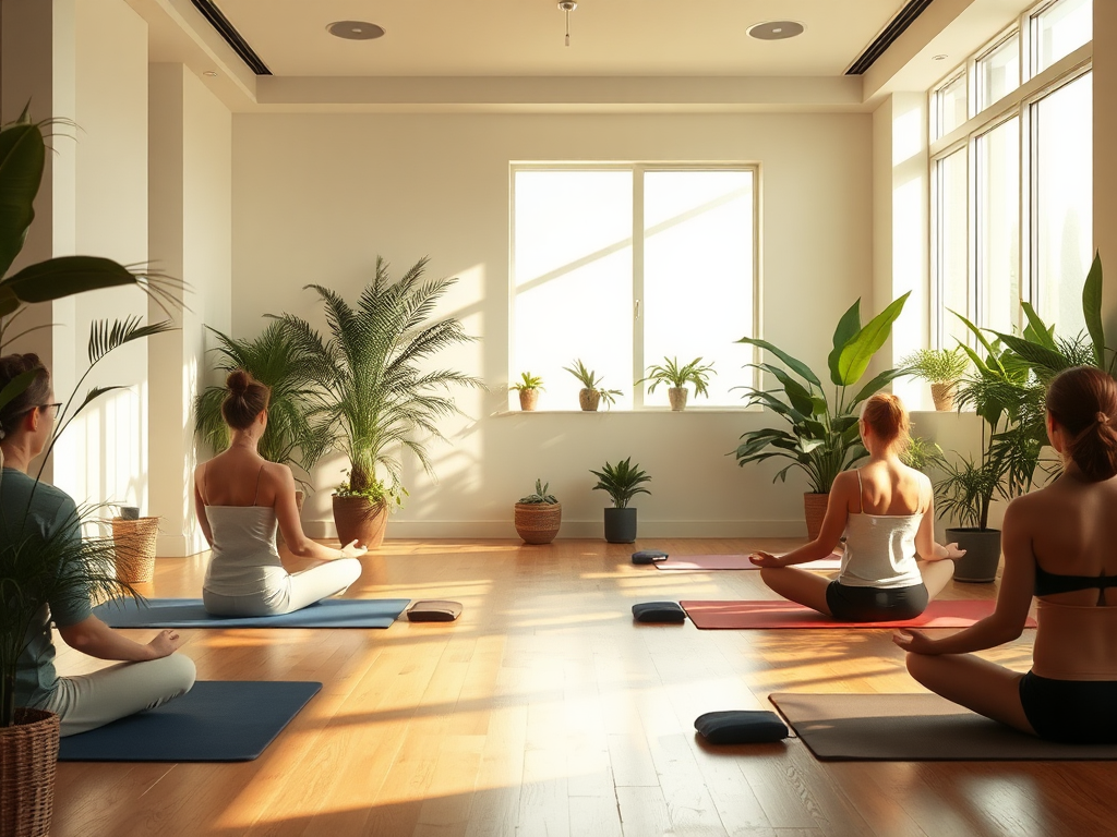Een rustige yogaruimte met planten en zachte verlichting.