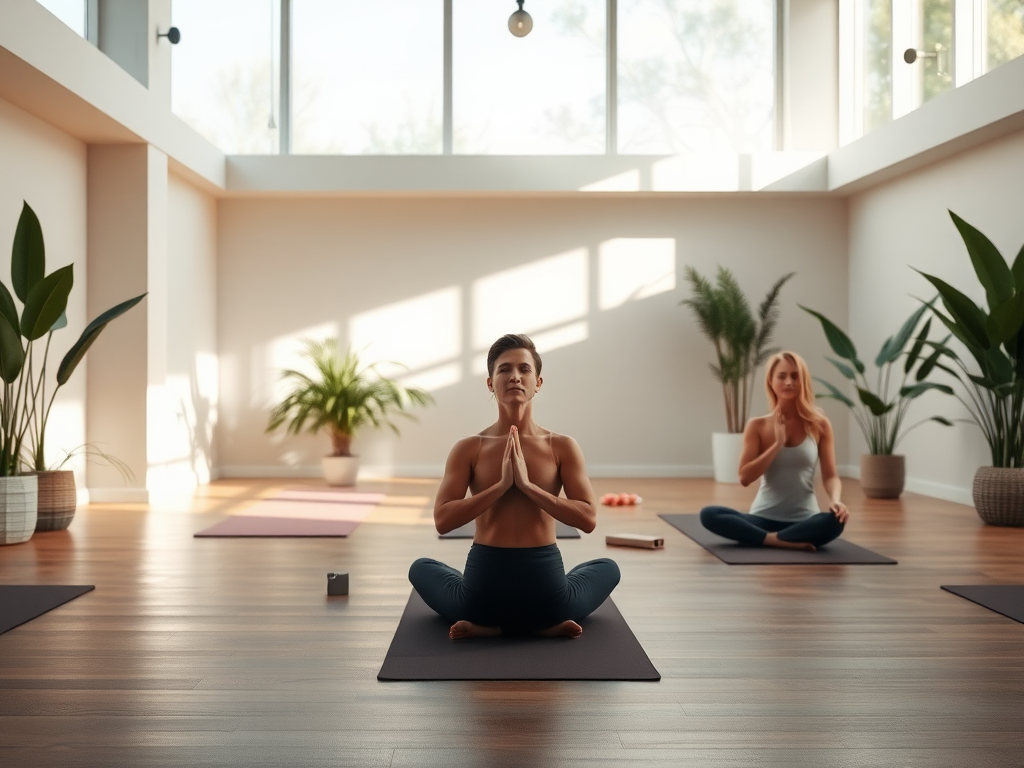Een serene yogaruimte met planten en zachte verlichting.