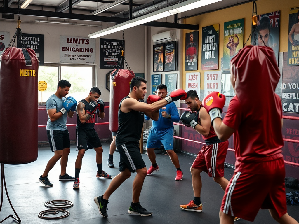 Een dynamische bokstraining met diverse boksers in een gym.