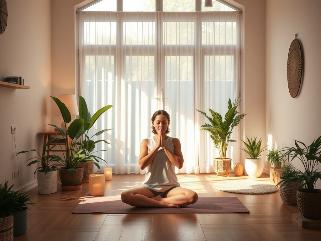 Een rustige binnenruimte met een persoon die yoga doet.