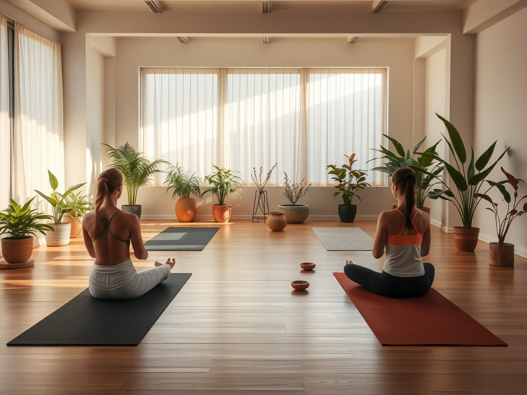 Een rustige yogaruimte met planten en zachte verlichting.