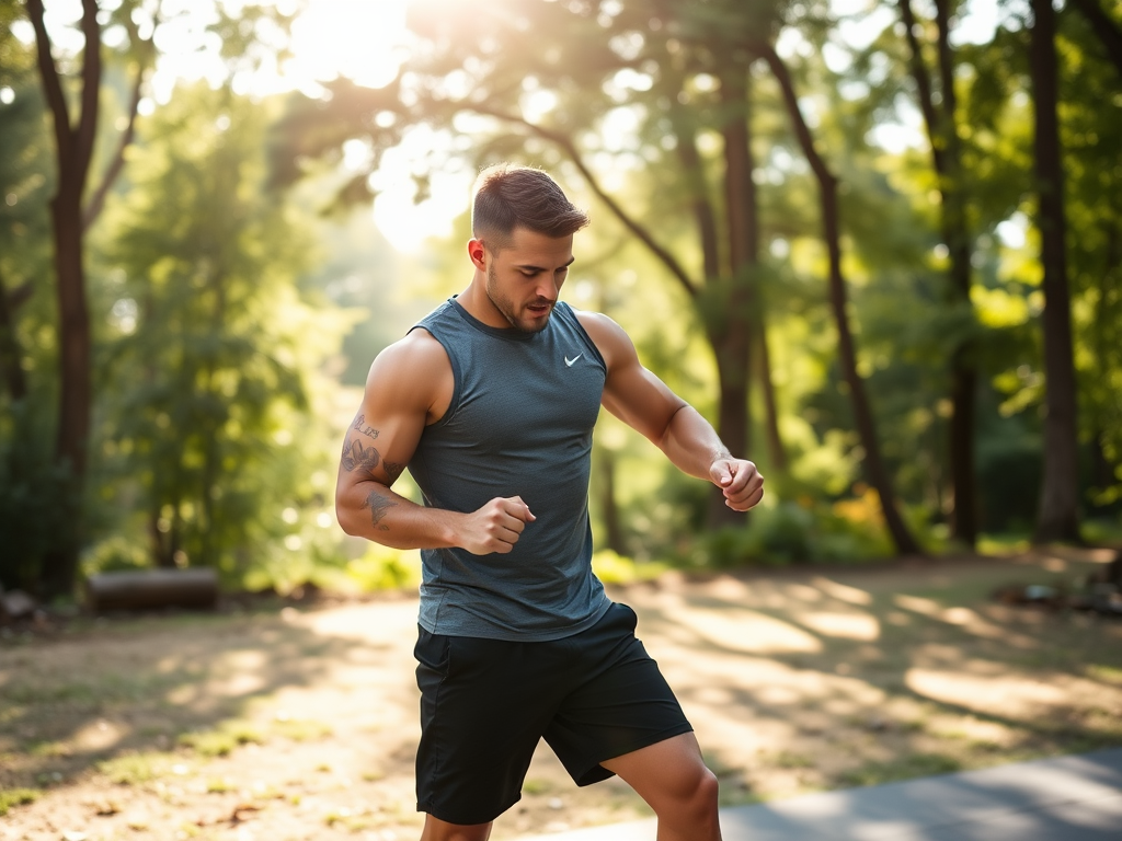 Een sporter in een natuurtraining, vol concentratie en toewijding.