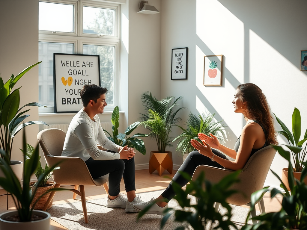 Een coaching sessie in een zonnige kamer met planten.