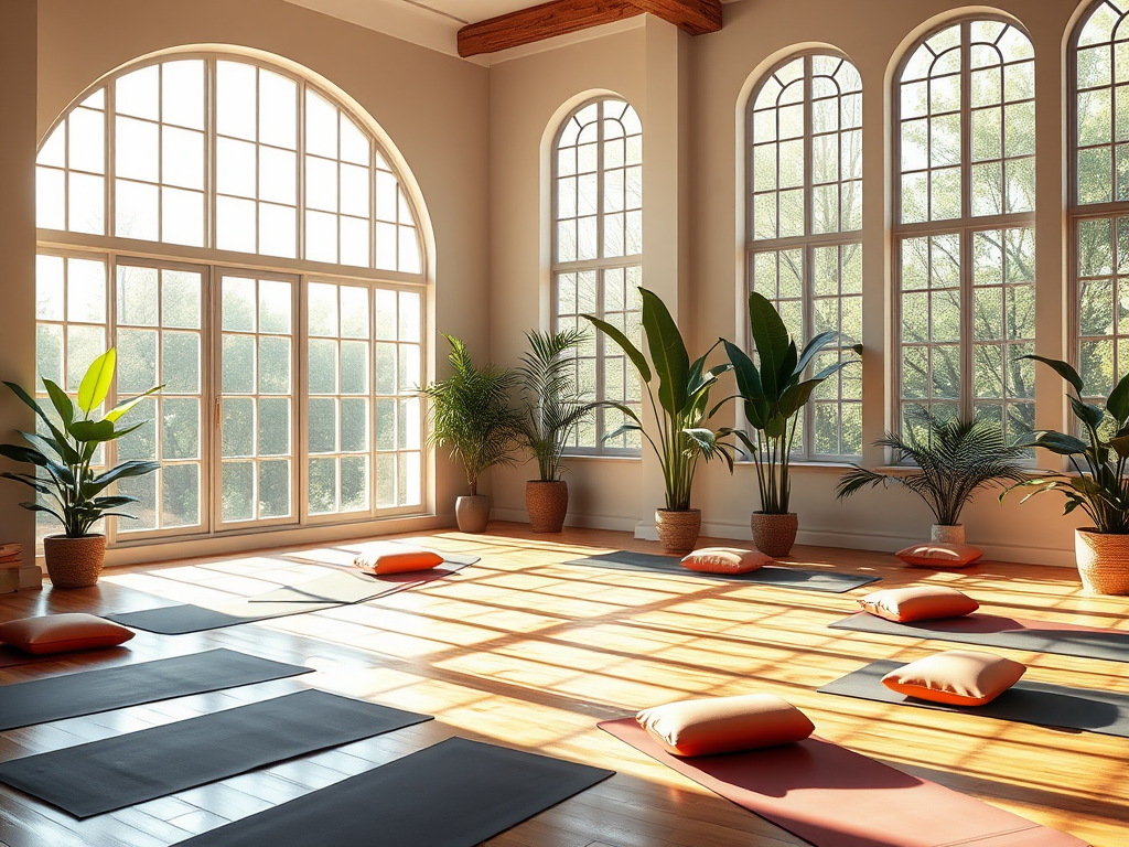 Een rustige yogastudio met zonlicht en groene planten.