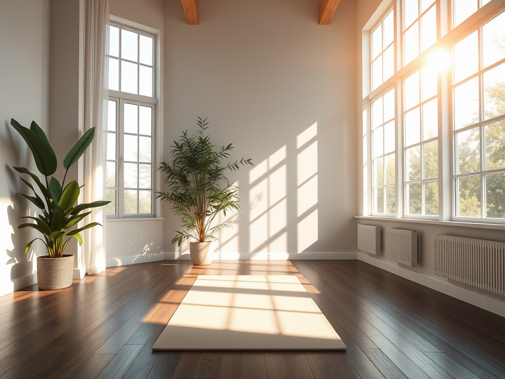 Een serene yogastudio met zonlicht en planten.