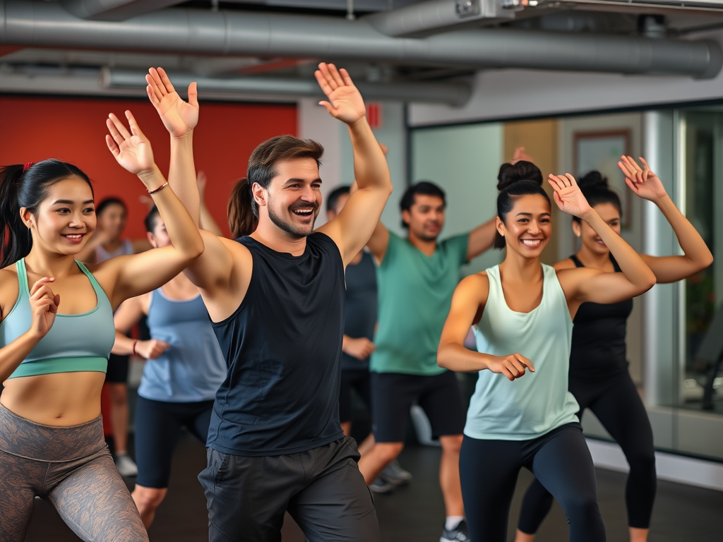 Een diverse groep mensen danst enthousiast in een moderne gym.