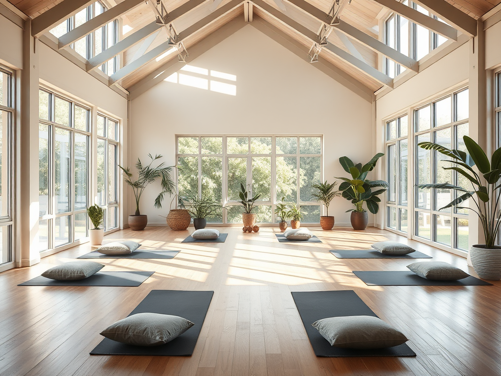 Een serene yogastudio met zonlicht en planten.