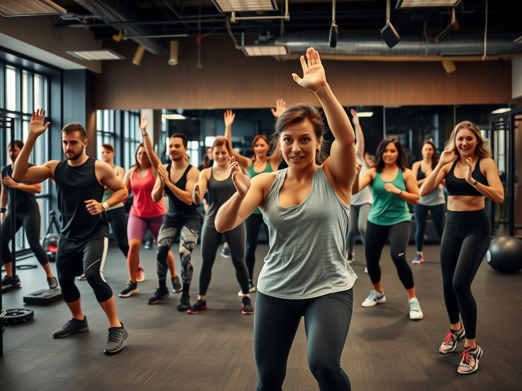Groep mensen in een moderne gym tijdens training.