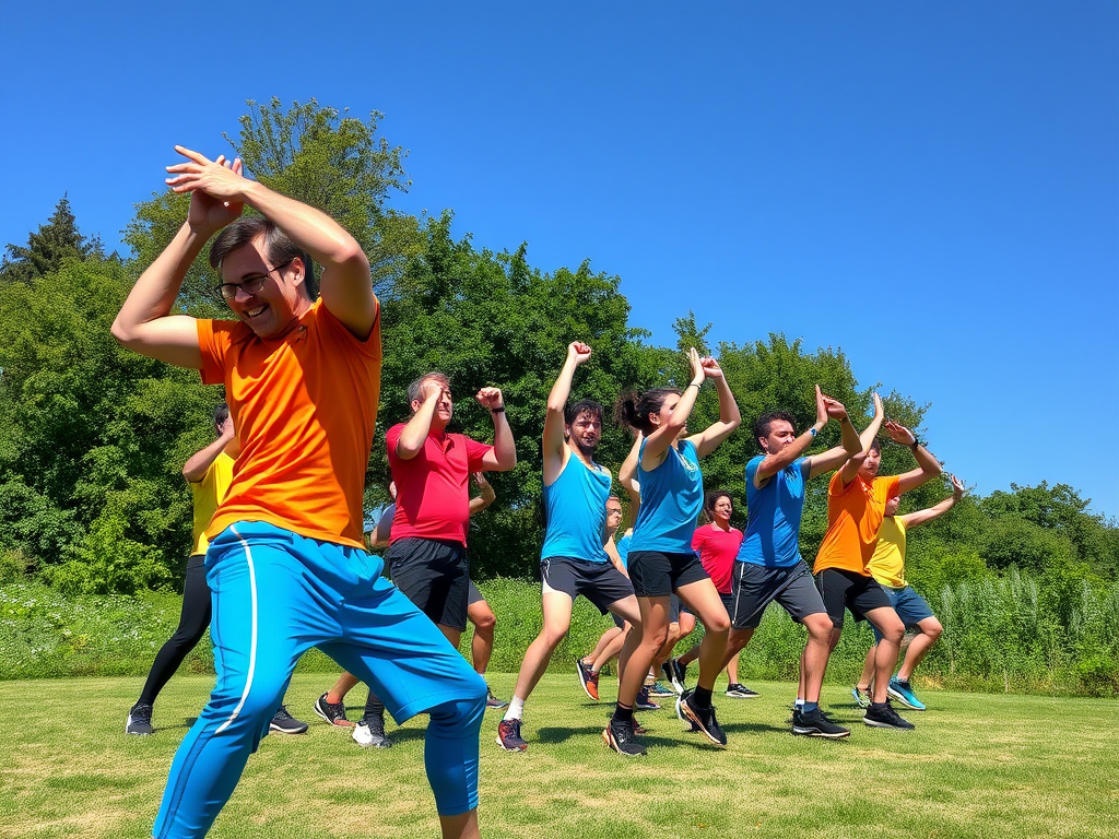 Een levendige groep tijdens een buitentraining onder een blauwe lucht.