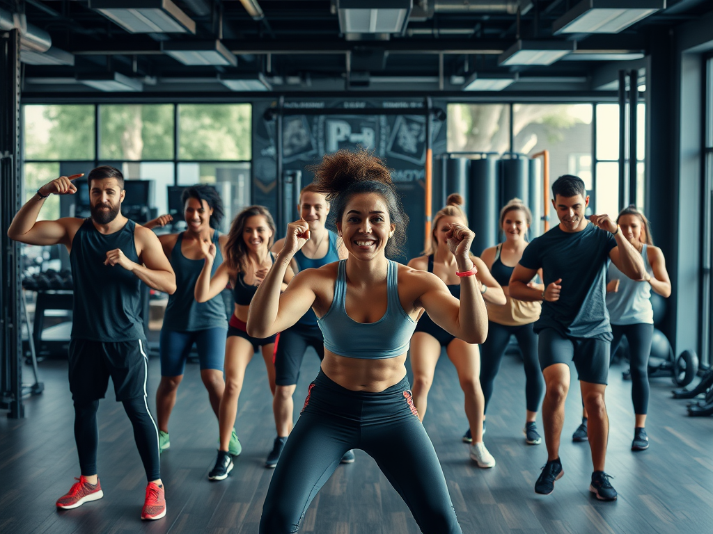 Een diverse groep mensen in een moderne gym tijdens training.