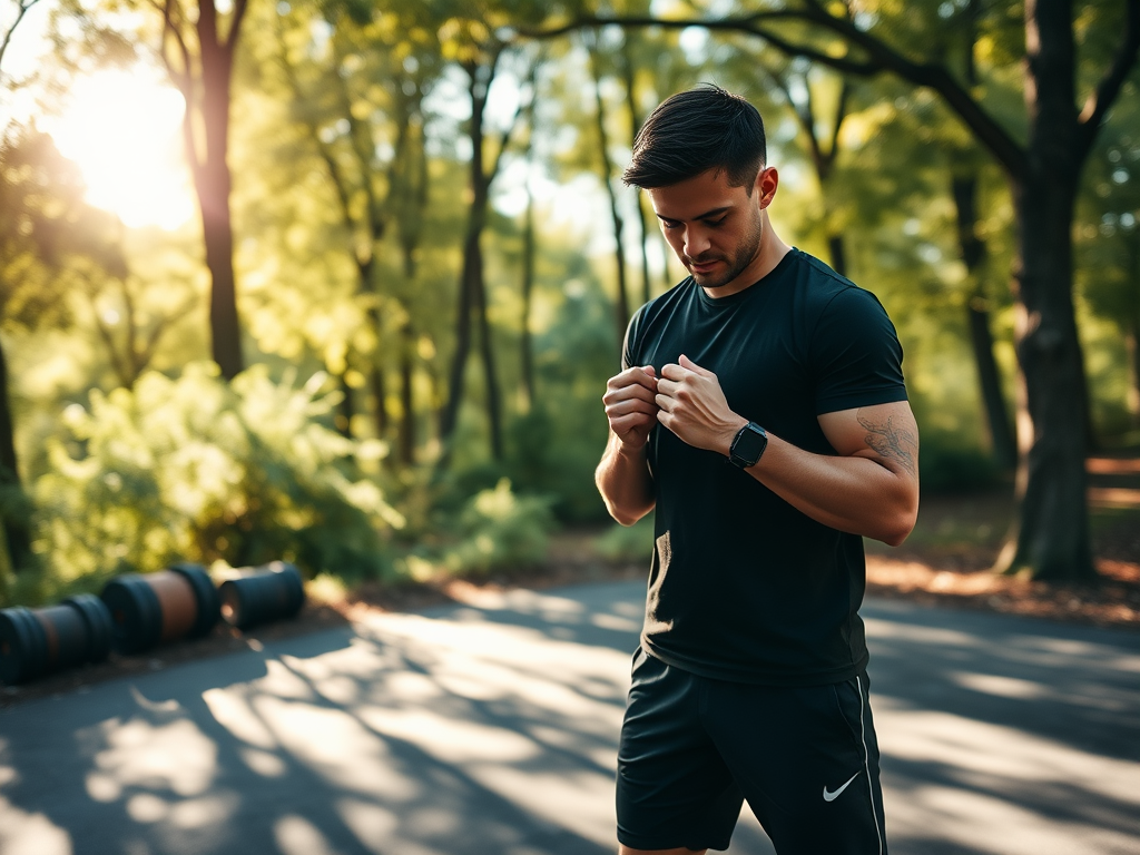 Een man in sportkleding, geconcentreerd in de natuur.