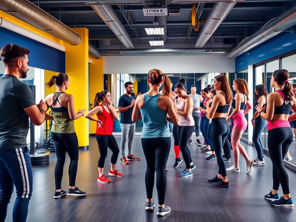 Een levendige fitnessstudio met diverse deelnemers in groepslessen.