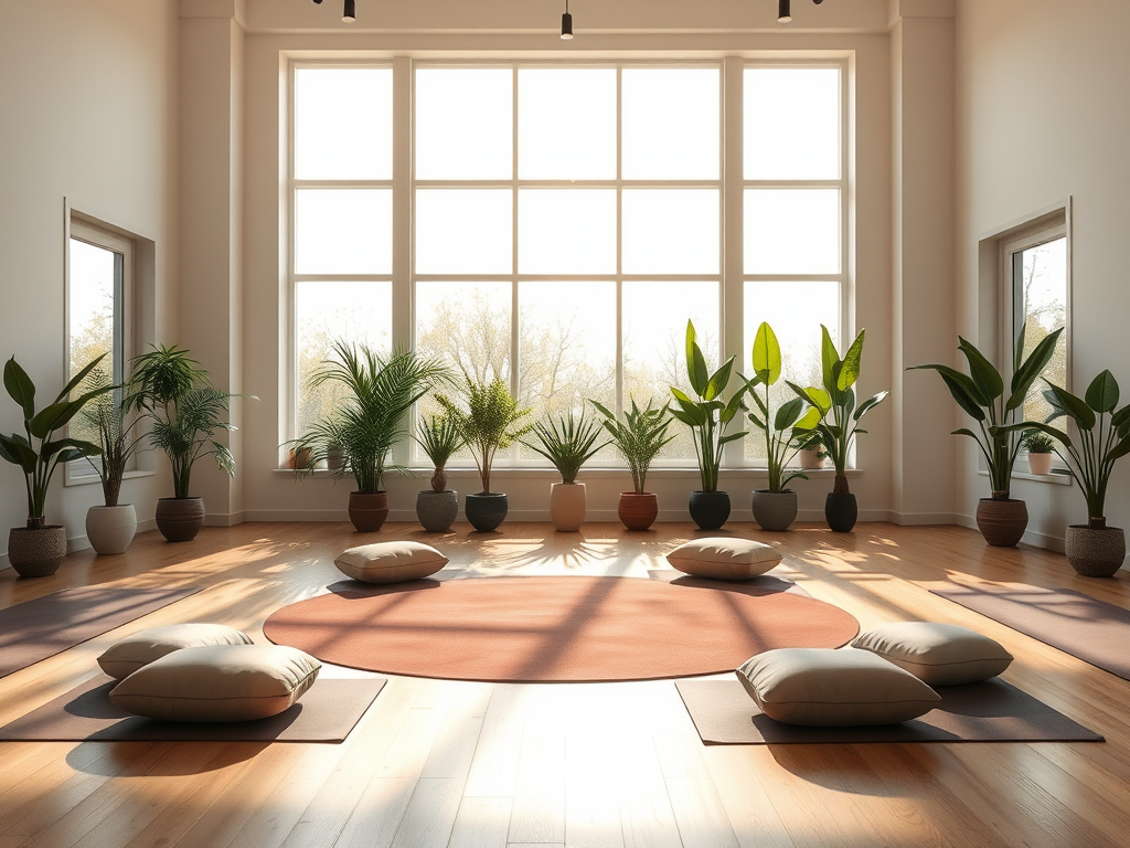 Een rustige yogastudio met zonlicht en planten.