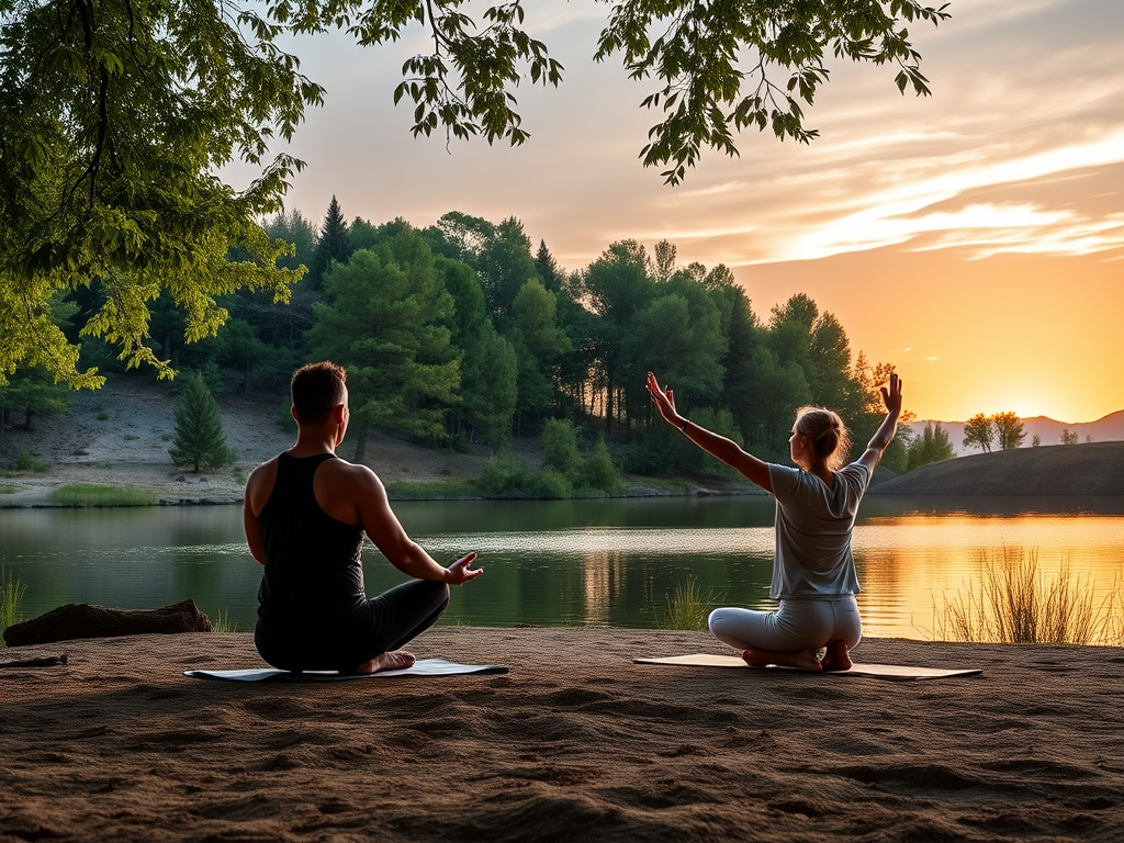 Twee mensen doen yoga aan een kalm meer bij zonsondergang.