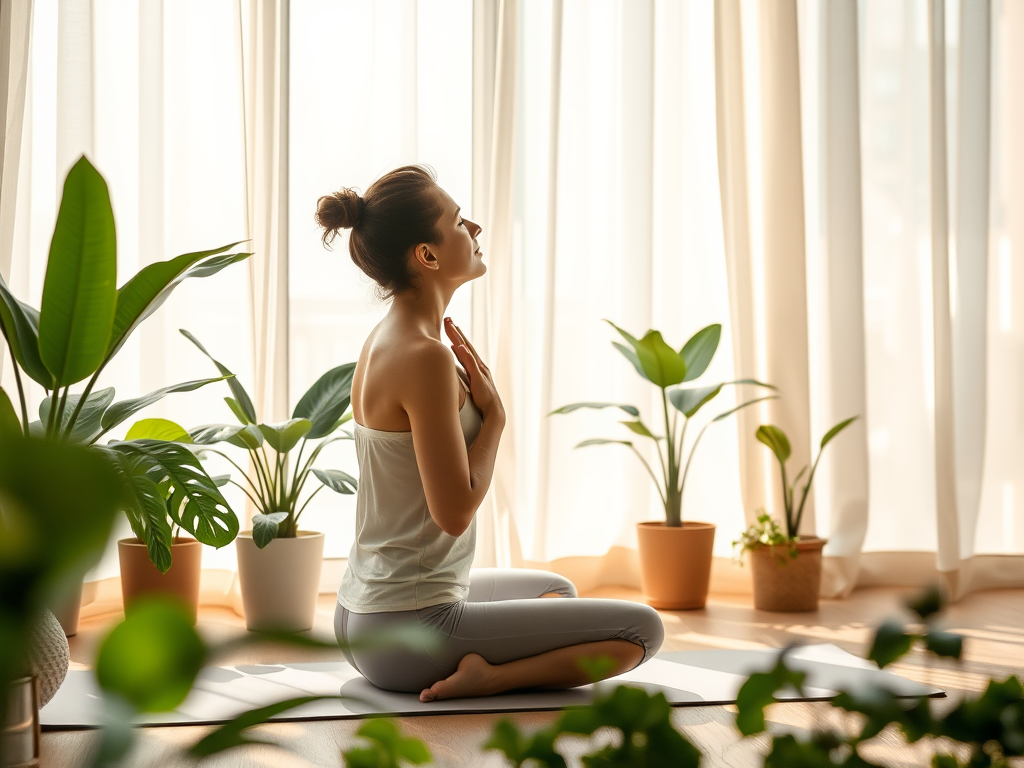 Een persoon die ademhalingsoefeningen doet op een yogamat.