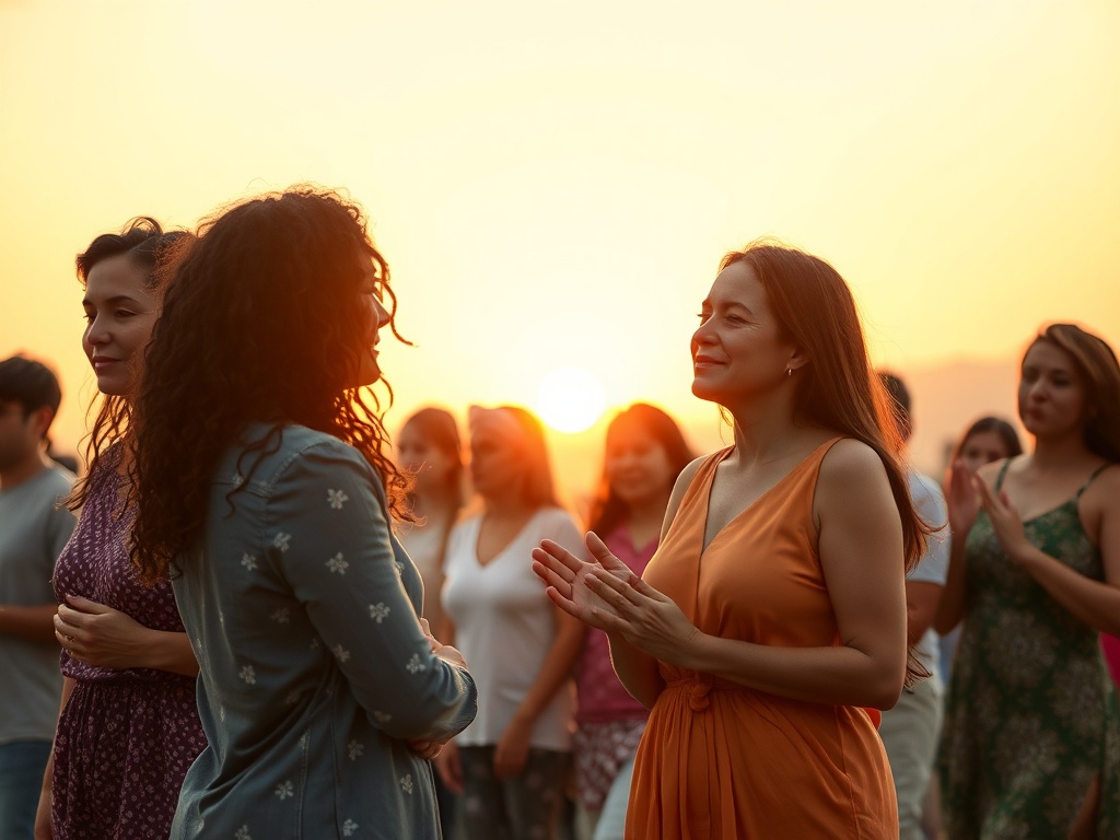 "A serene, hopeful scene of diverse people before sunset healing, joints relaxed, subtle posture cues, calm facial expressions, soft light, gentle movement."