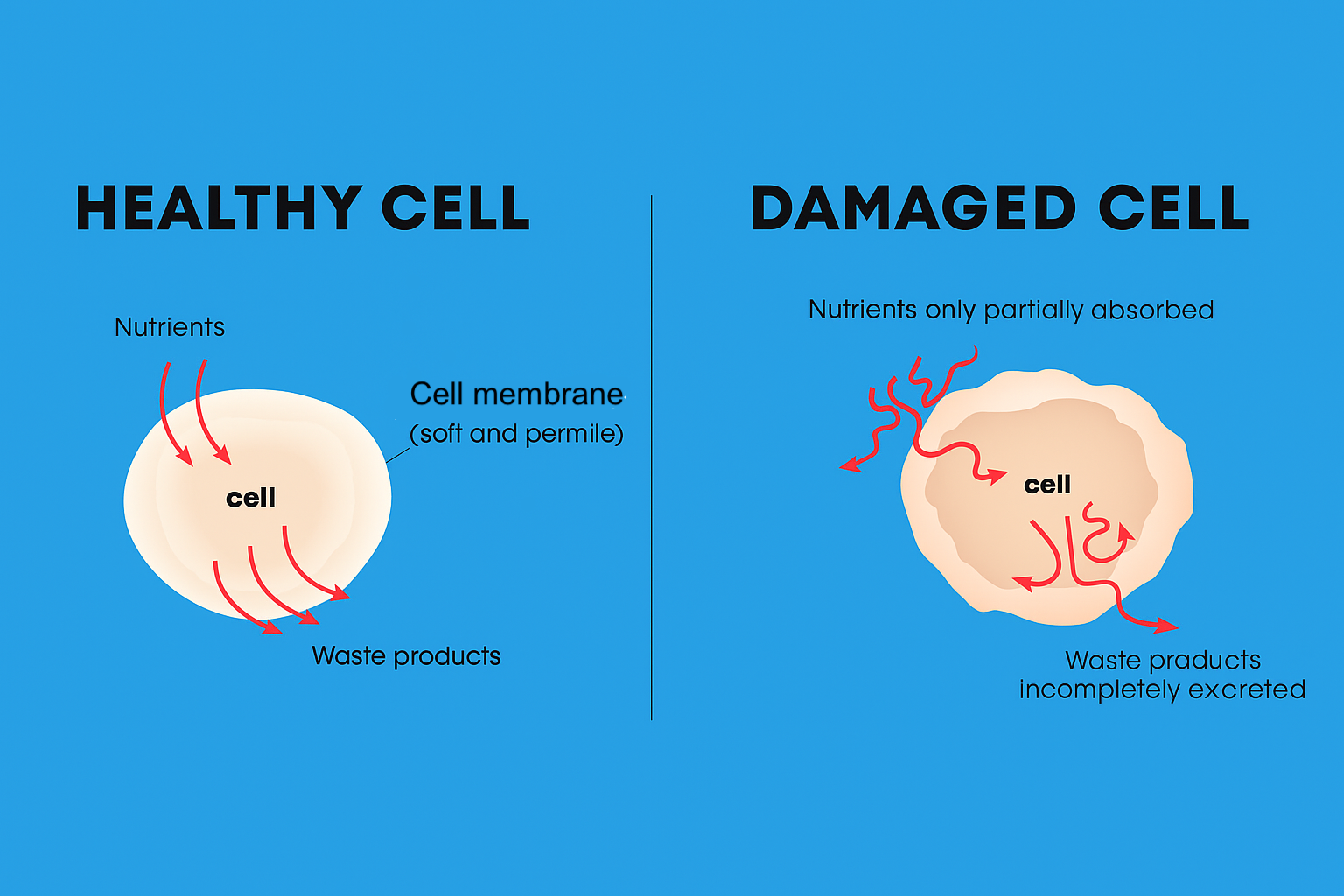 Illustration comparing a healthy cell and a damaged cell, showing how omega-3 fatty acids help support flexible cell membranes and normal cellular function.