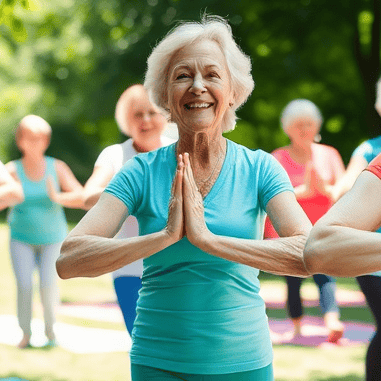 A vibrant group of active older adults exercising outdoors, smiling, with bright sunlight, green trees, yoga mats, fresh fruits and vegetables nearby, peaceful and energetic atmosphere.