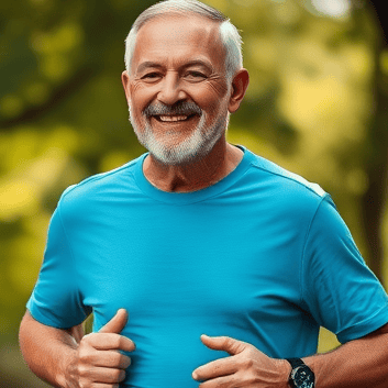 "vibrant middle-aged couple jogging" in "lush green park" with "sunlight filtering through trees," showing "smiling faces," "healthy lifestyle," balanced composition. This image is intended for use as a background, so ensure a balanced composition.You MUS
