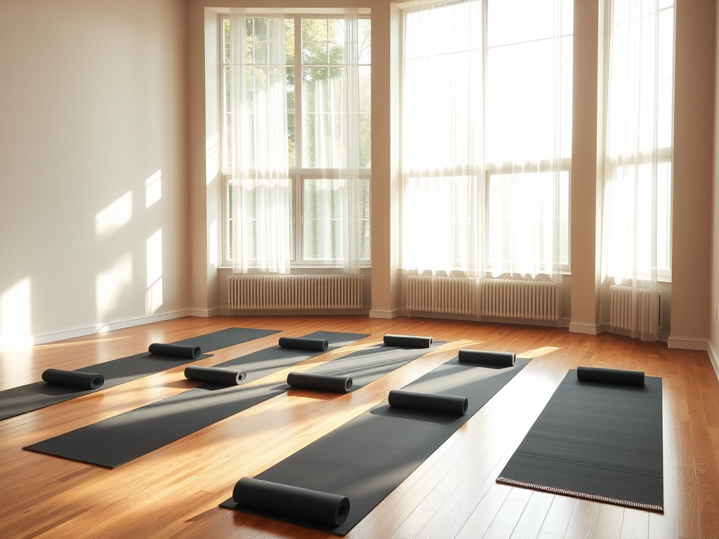 Een serene yogastudio met grote ramen en houten vloeren.