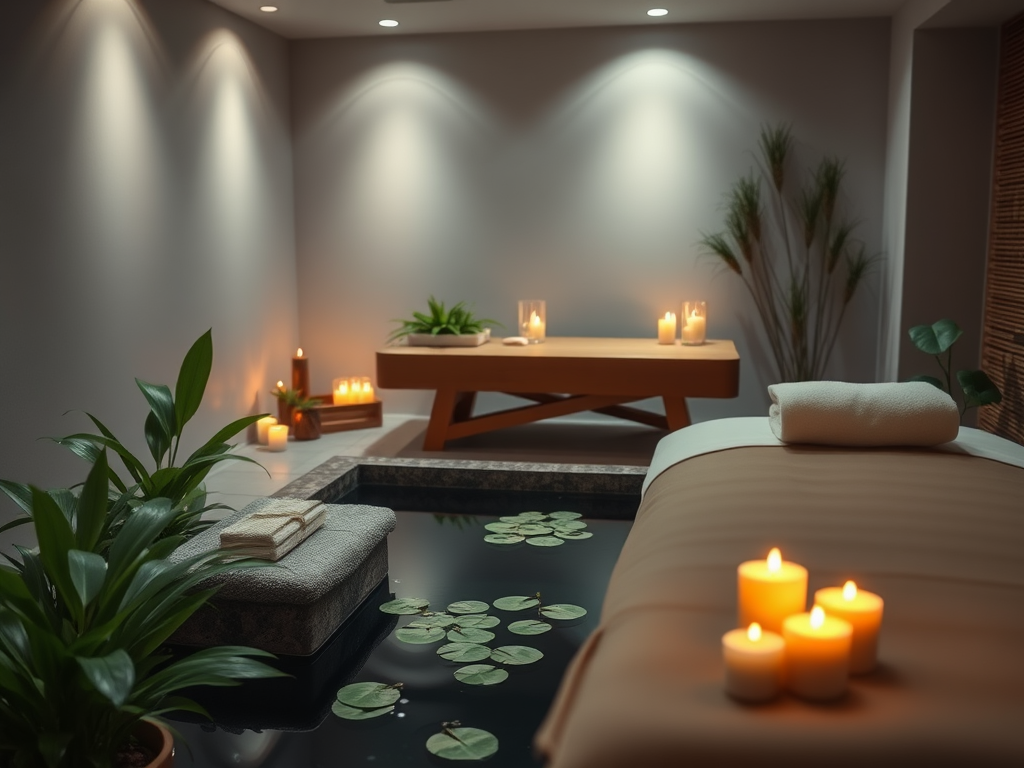 Een rustige spa-omgeving met kaarslicht en planten.