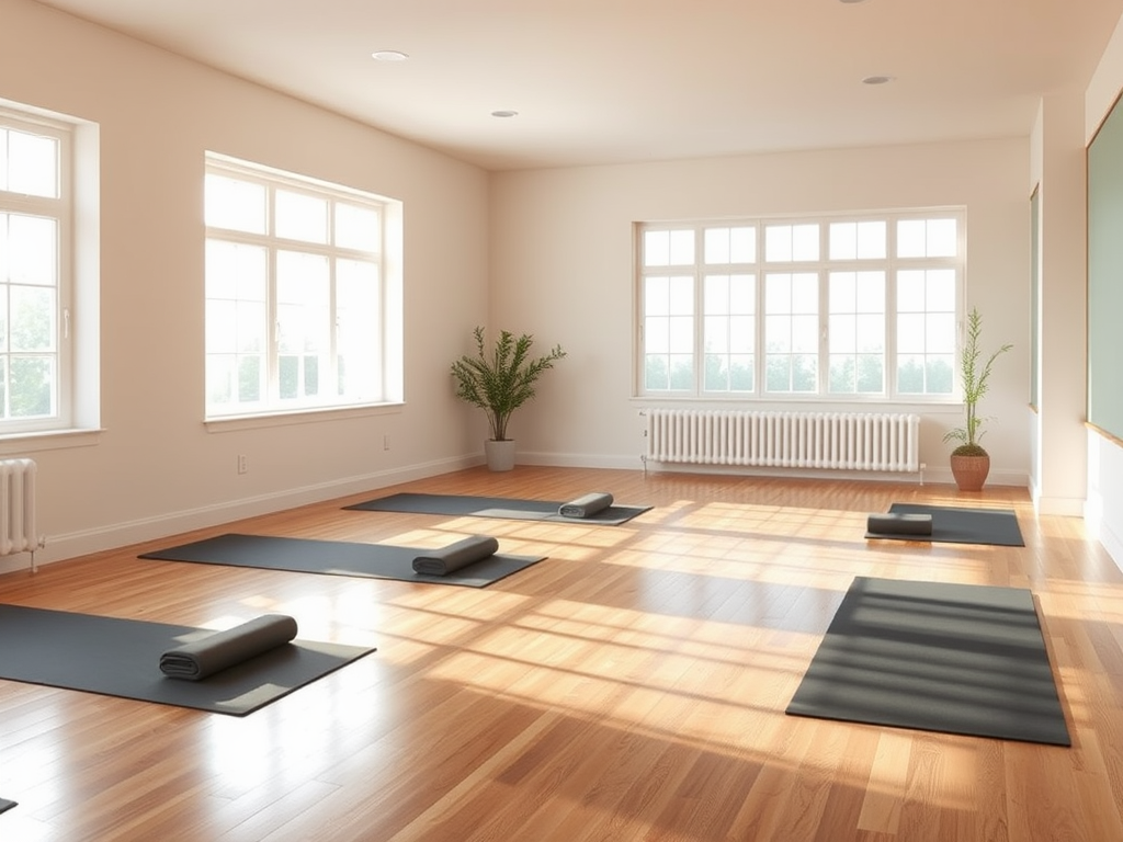 Een rustige yogastudio met gouden licht en nette matten.