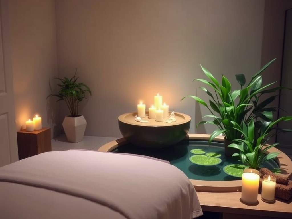 Rustige spa-omgeving met kaarsen en planten.