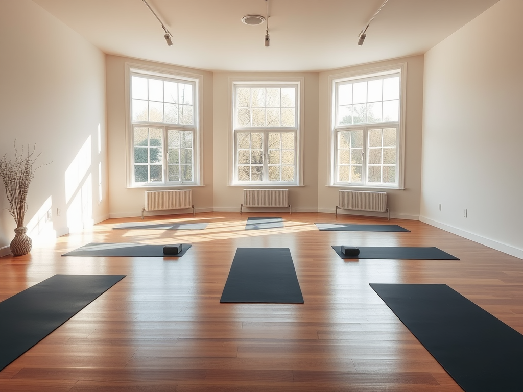 Een serene yogastudio met opgeruimde matten en natuurlijk licht.
