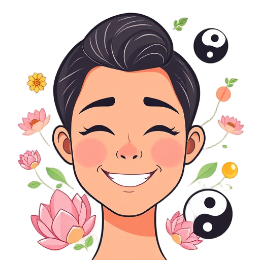Een stralend gezicht met een glimlach, omringd door lotus bloemen en yin-yang symbolen.