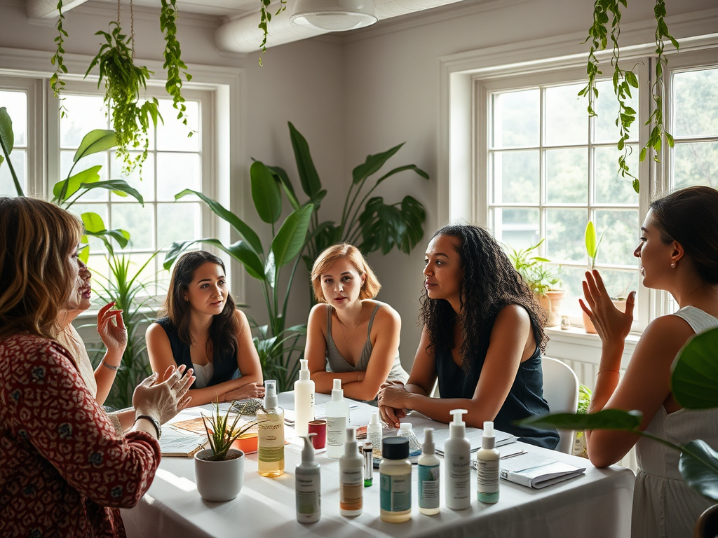 Een serene workshop over huidverzorging met een diverse groep mensen.