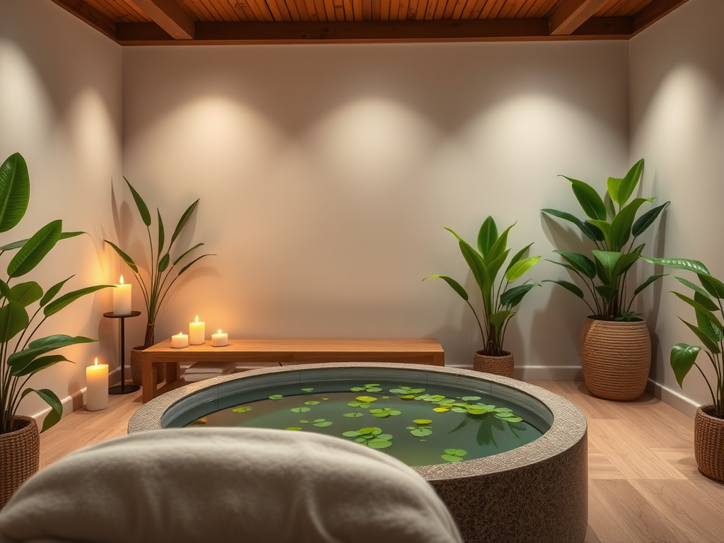 Een serene spa-omgeving met zachte verlichting en planten.