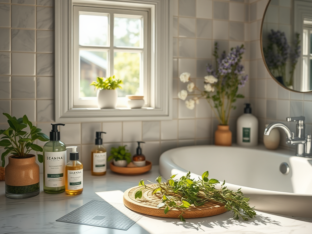 Een serene badkamer met natuurlijke huidverzorgingsproducten en kruiden.